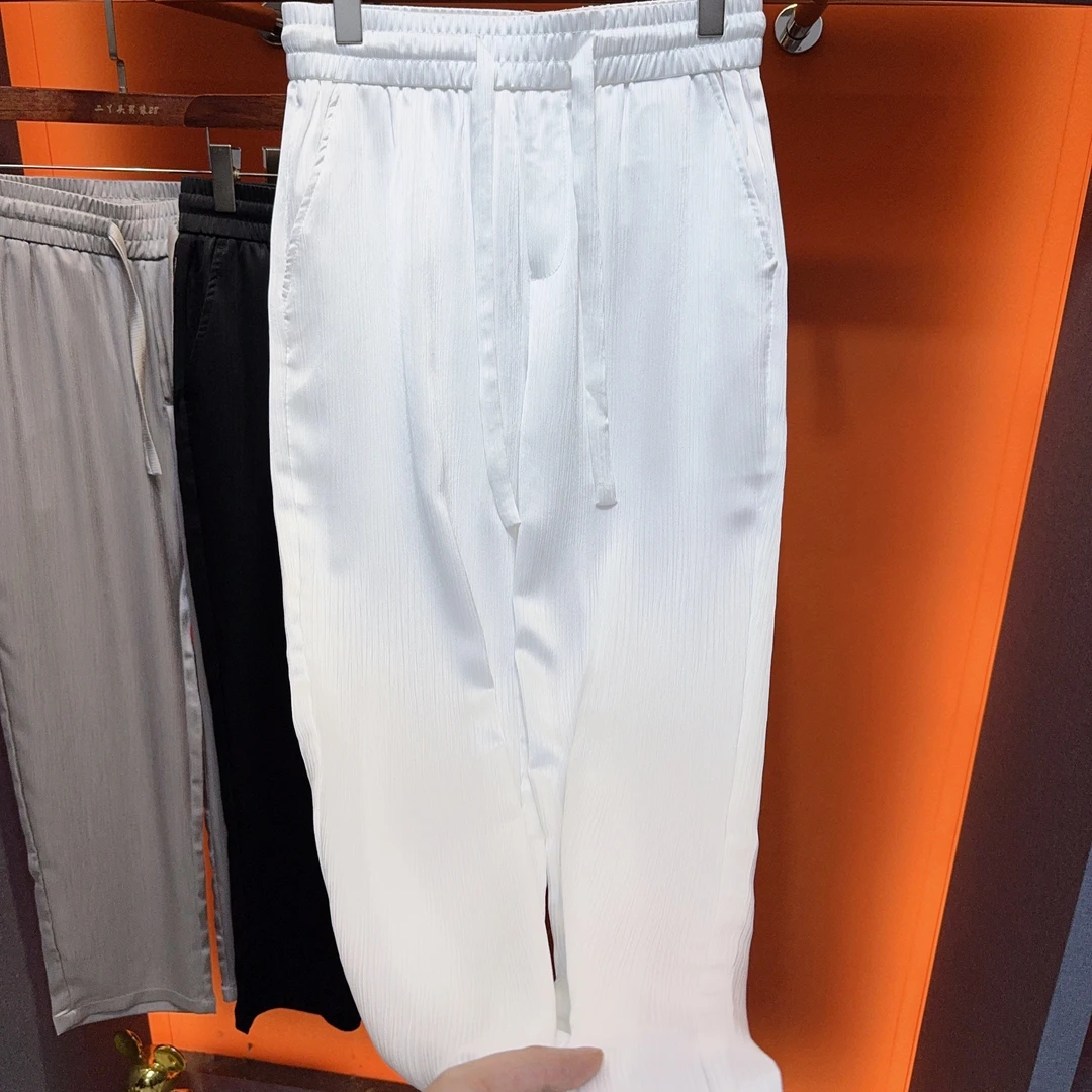 6002夏季男士休闲裤醋酸条纹时尚百搭冰丝速干直筒裤垂感高端长裤