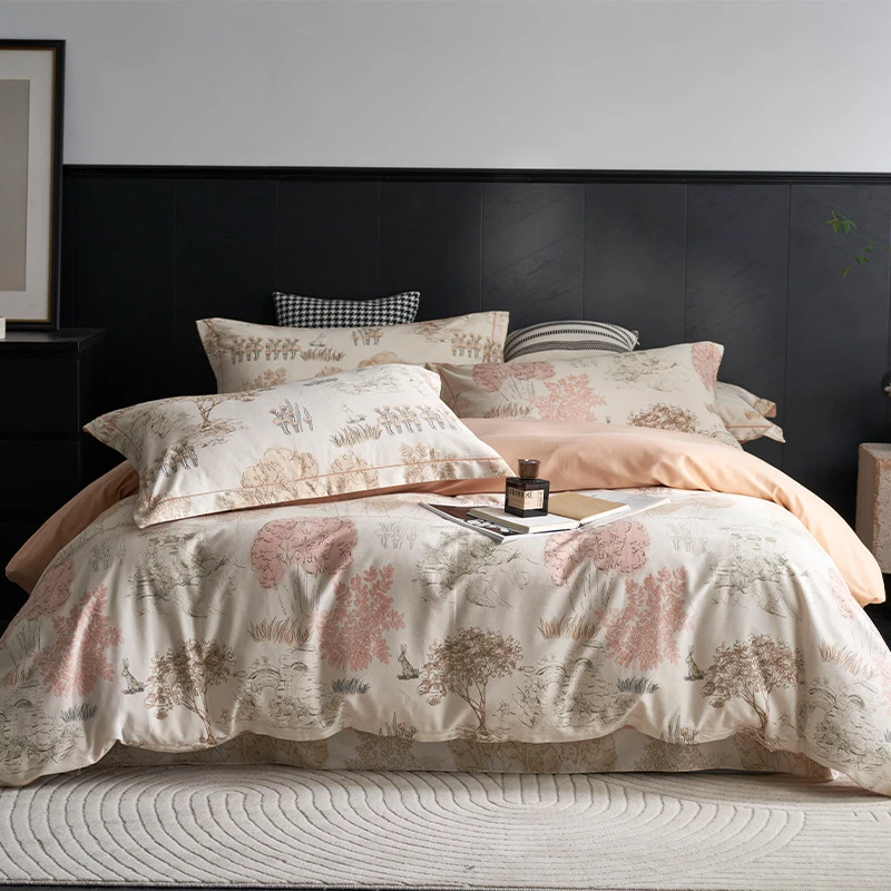 加厚纯棉磨毛印花四件套花卉风1.8床AB版全棉秋冬被套被褥套件
