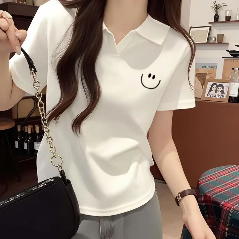 新款2025POLO领圆弧下摆百搭短袖T恤T恤ins宽松小众ol休闲