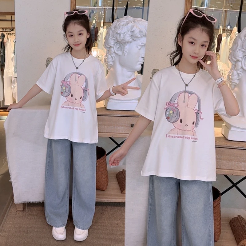 女童夏季短袖套装2025新款儿童洋气休闲T恤牛仔裤两件套大童夏装t