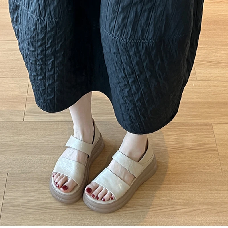 复古休闲厚底凉鞋女夏季新款松糕百搭小个子增高韩版魔术贴罗马鞋