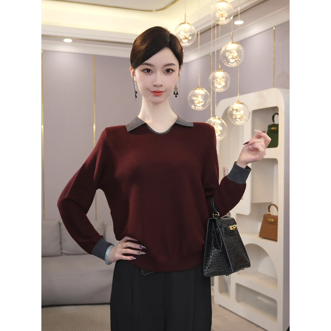 2025年秋冬新款【7906】含绵羊毛套头红色烫钻打底外穿针织衫上衣女