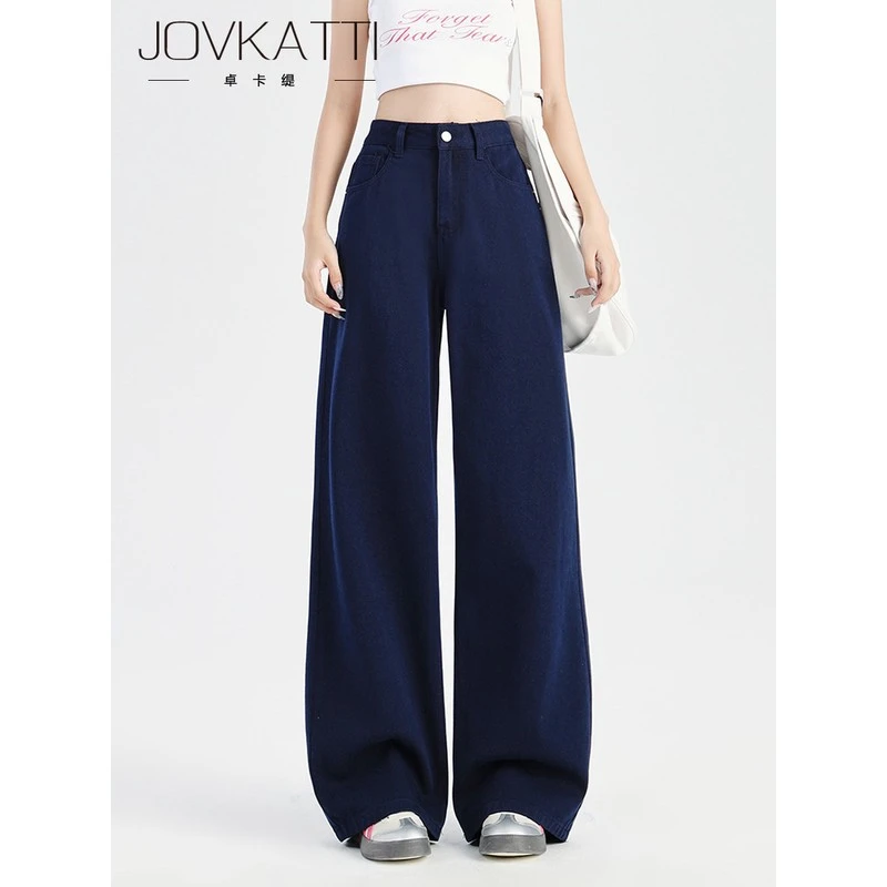 港式复古蓝女士裤子春秋季高筒阔腿高腰修身深色牛仔裤
