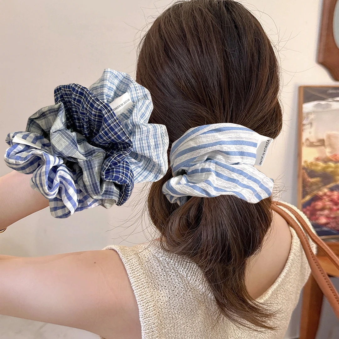 蓝色条纹大肠发圈女韩系丸子头发绳慵懒风小肠圈头绳格纹覆古皮套