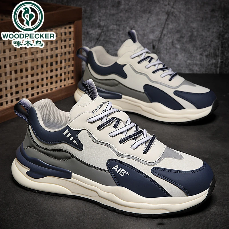 【正品】啄木鸟春季皮面阿甘男鞋运动鞋男士休闲百搭鞋跑步防滑增高