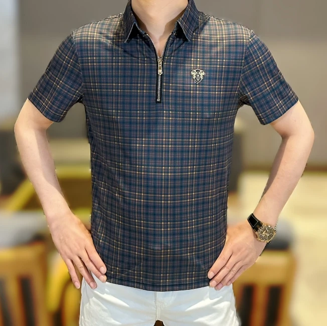 2025男士夏季新款时尚休闲薄款修身撞色格子印花衬衫领短袖T恤