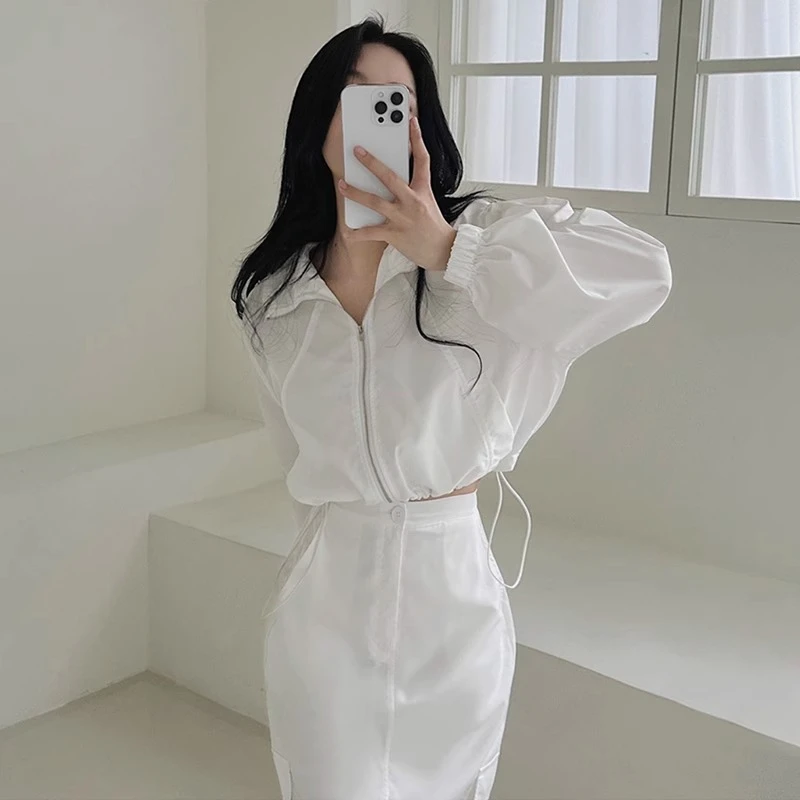 春夏季韩系复古气质立领短款冲锋衣外套+高腰工装半身裙套装女