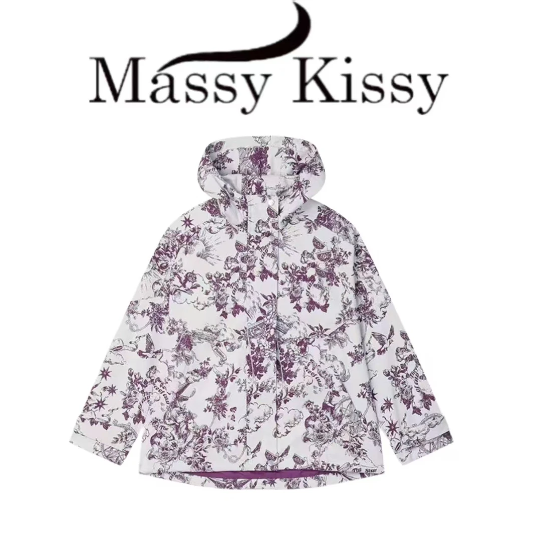 【紫色繁花】Y502明星同款轻奢定制时尚满印紫花冲锋衣外套女