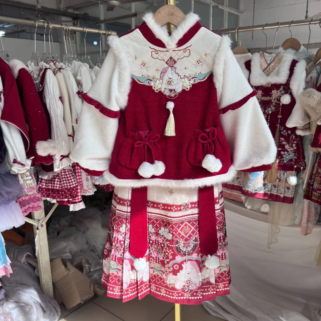 ***白龙马套装加绒马面裙连衣裙儿童女童拜年服