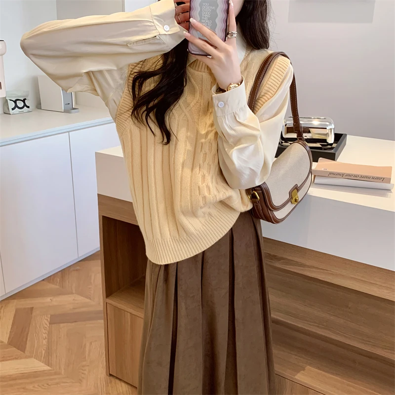 复古设计感纯色无袖针织马甲女叠穿慵懒风圆领小坎肩毛衣背心上衣