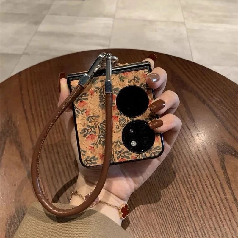 复古棕皮纹小红花适用华为pocket2手机壳zflip6折叠屏n3flip女