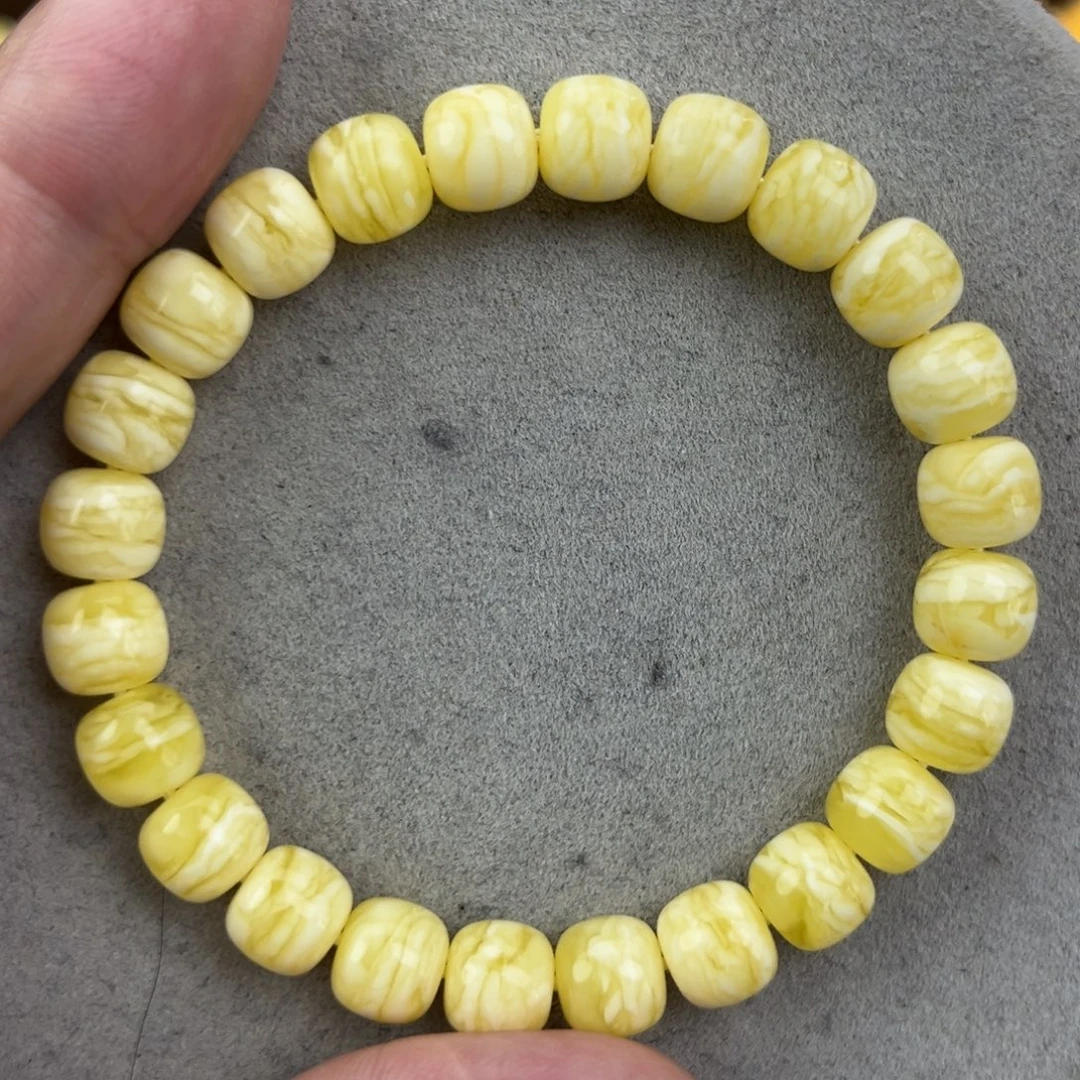 蜜蜡未镶嵌手串纯天俄料同料瓷白花虎皮千层9*8.2腕口17+