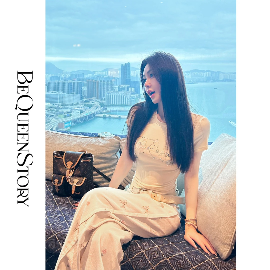 余潇潇【香草奶昔】时尚百搭烫钻圆领弹力修身短袖莫代尔舒适