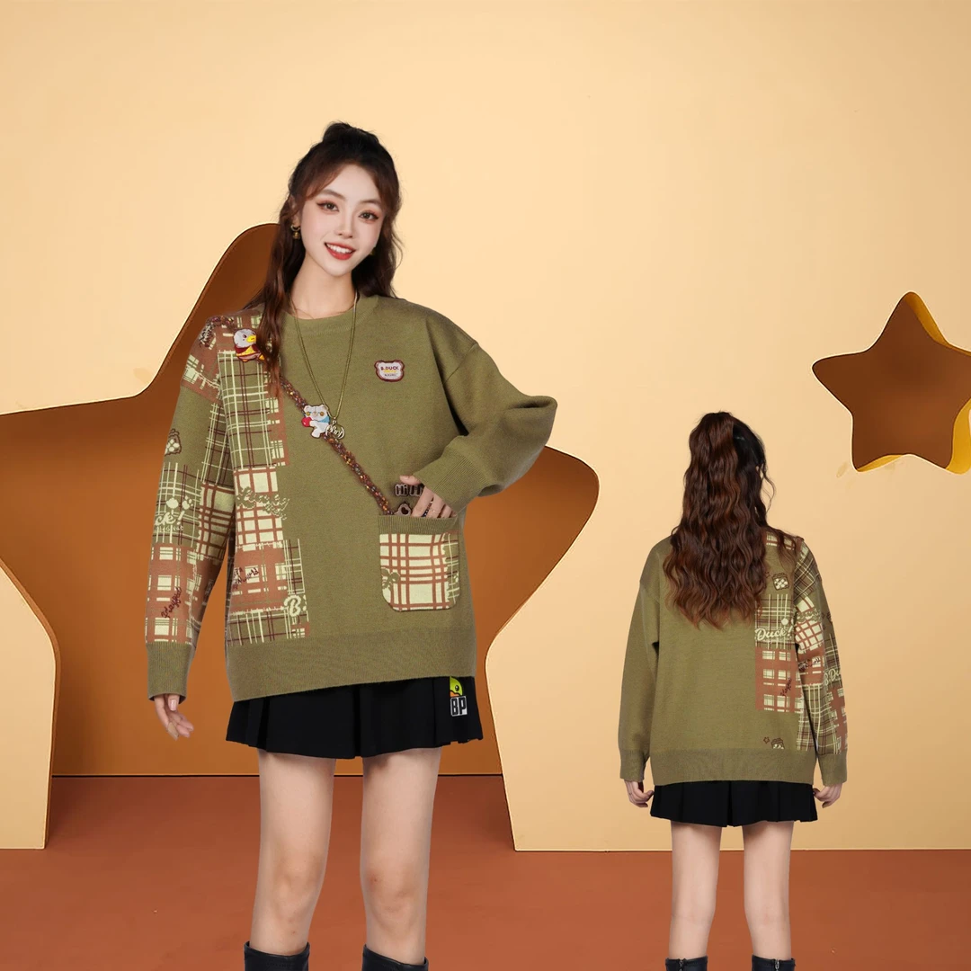 B.Duck小黄鸭针织毛衣2025秋冬季新款时髦拼接刺绣遮肉针织毛衣