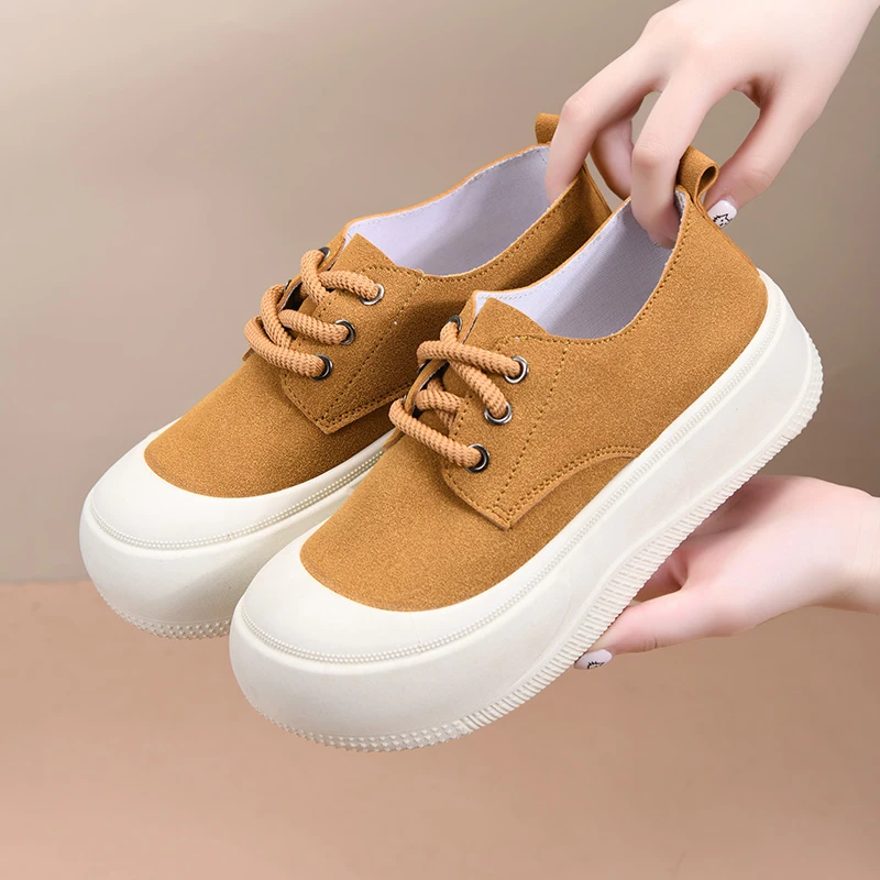 厚底松糕鞋女洋气透气圆头软底低帮百搭系带平底休闲女鞋 内增高
