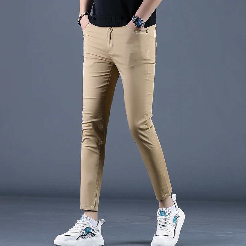 2025年夏季新款卡其色九分牛仔裤男修身小脚潮流9分潮牌男士裤子