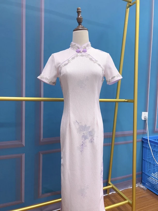 W-2809 紫花藤 竹嘛复合 双色花边 夏款年轻款改良旗袍115cm长款