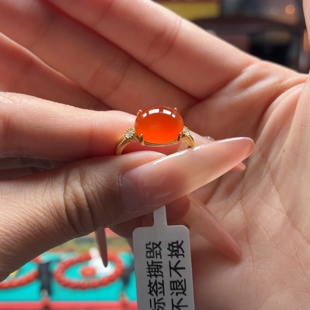 南红玛瑙银S925镶嵌女戒原矿保山南红小庄冰红女戒