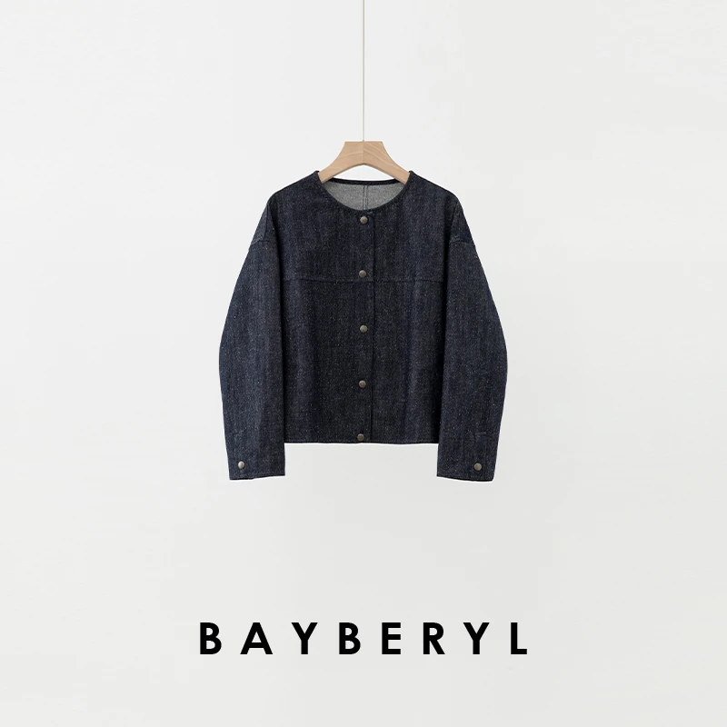 BAYBERYL老贝色织牛仔颗粒感圆领秋排扣蓝牛仔外套9MF5G0826