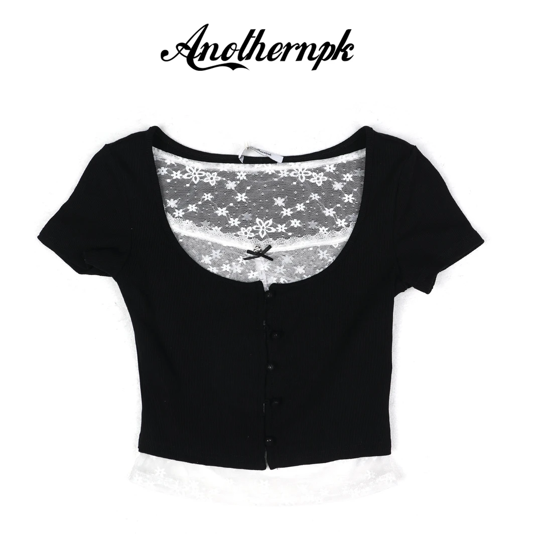ANPK纯欲甜美正肩T恤T恤镂空时尚修身毛衣拼接蕾丝A5F02C0088