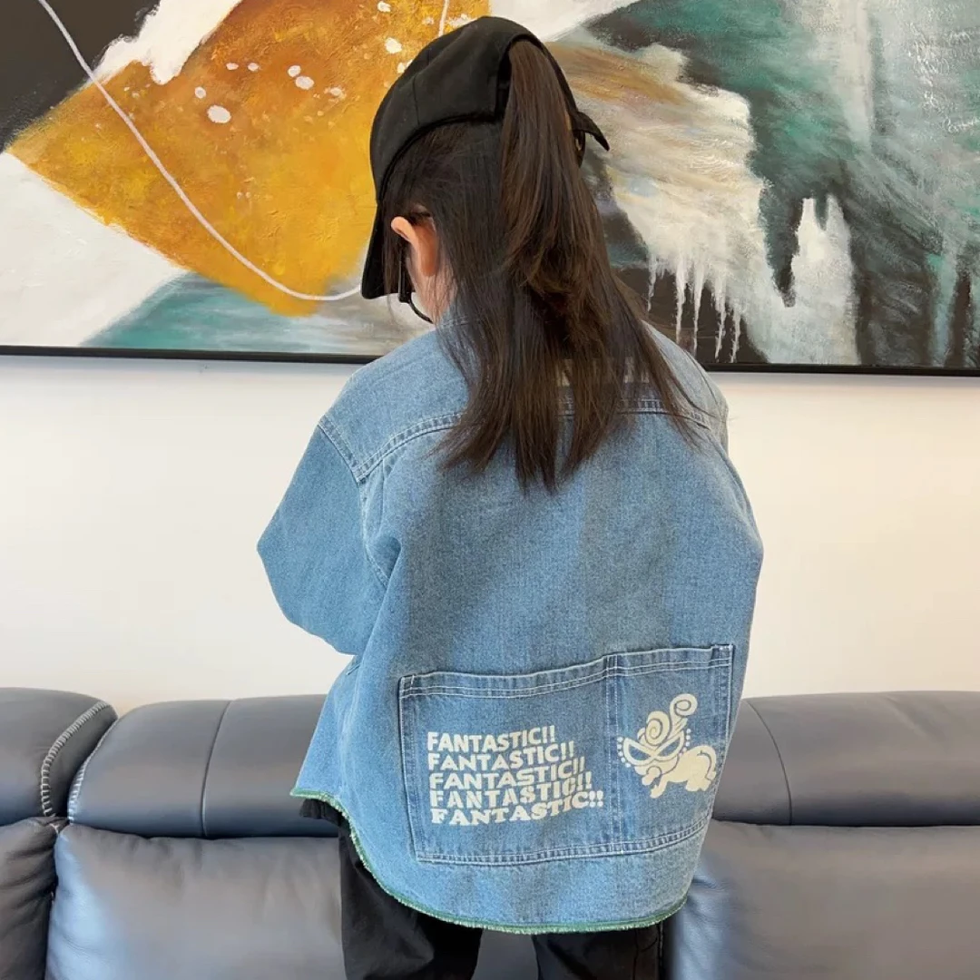 黑超牛仔外套日系中古小众童装贴布牛仔外套夹克上衣12岁洋气