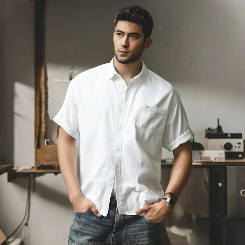 夏季薄款纯棉短袖衬衫男日系复古宽松休闲纯色工装衬衣山系潮流T
