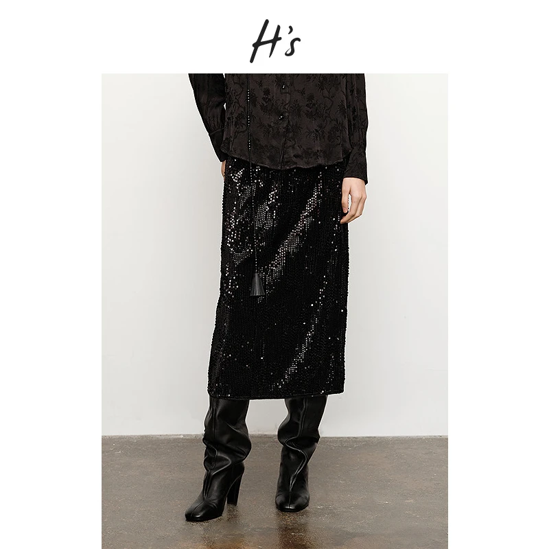 【商场同款】HS高密经编丝绒半身裙女24冬新款亮片腰裙132412114019