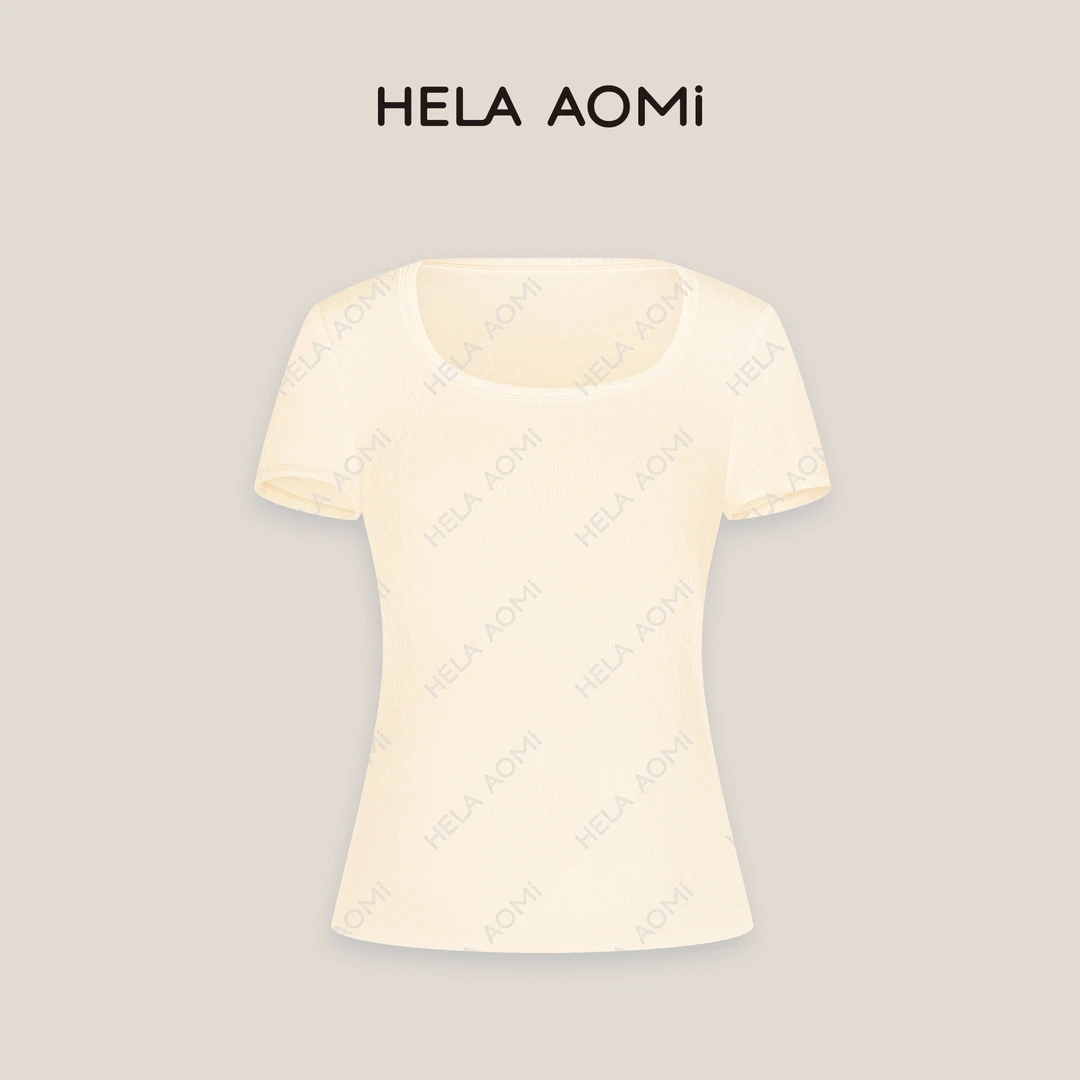 HELA AOMI“醋酸肌理T”方领正肩修身复古弹力短袖T恤CY5BN23101