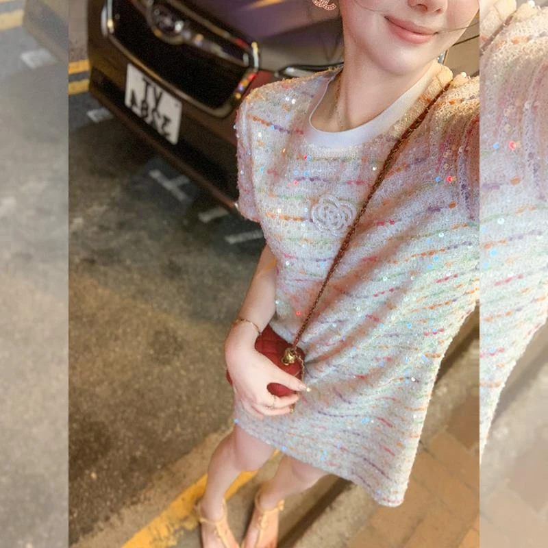 鱼兔子的兔子 小香风亮片连衣裙女2025夏季穿搭新款小个子a字裙子