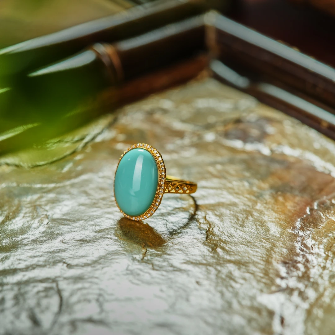 碧以沫·传世级绿松石高瓷玉化料18K金錾金戒指AJ0419约16*11*7mm