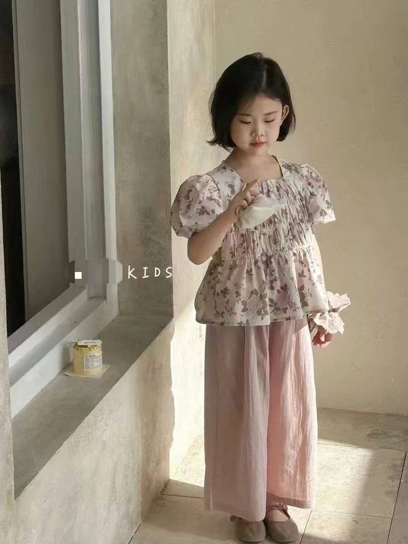 8353玫瑰花阔腿女童夏季套装新款洋气两件套潮