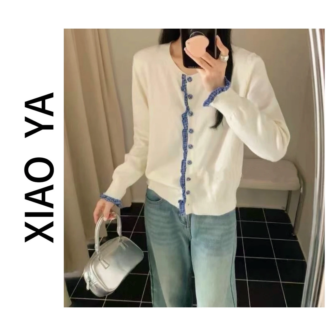6209秋季新款韩系甜美圆领拼接格子花边通勤百搭针织上衣