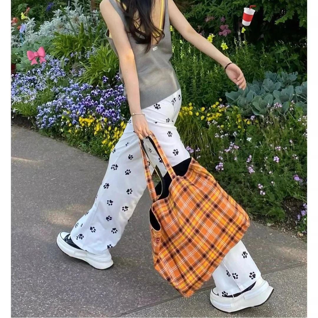 居家软软复古休闲裤女夏季满印狗爪碎花直筒运动裤宽松垂感拖地裤