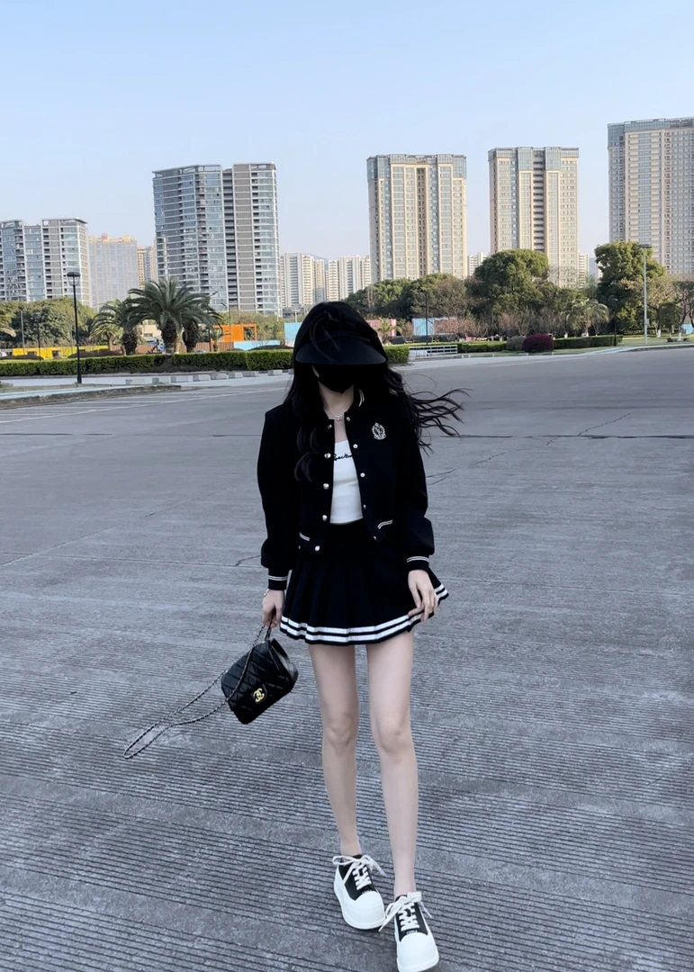 小香风学院风棒球服百褶裙套装女减龄显瘦时尚休闲