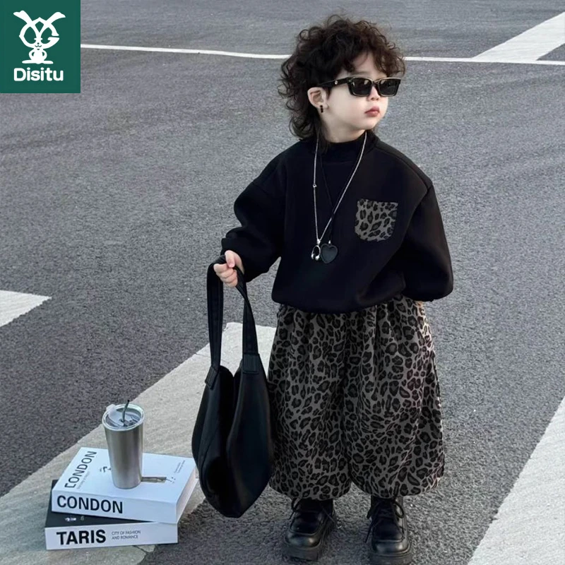 儿童套装秋季2025新款时尚豹纹韩版洋气男女同款圆领卫衣卫裤两件