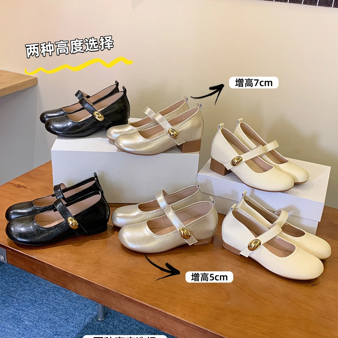 两个版本~7cm内增高法式浅口单鞋女新款圆头高跟时尚百搭玛丽珍鞋