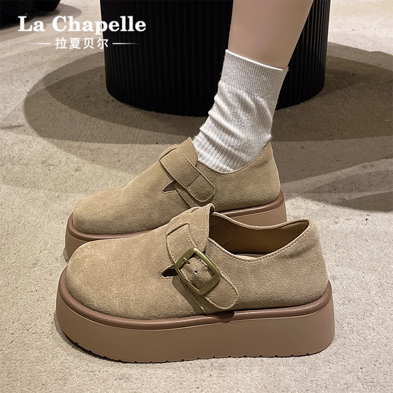 拉夏贝尔厚底勃肯鞋女2025冬季新款复古百搭增高一脚蹬真皮博肯鞋