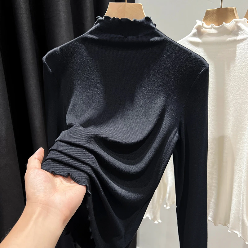 木耳边半高领黑色打底衫女爆款2025新款修身内搭薄款t恤螺纹上衣