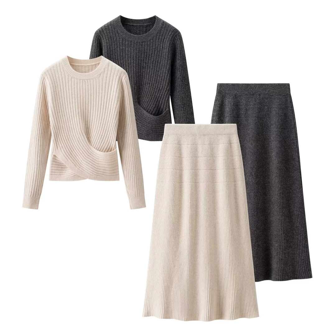 QY58118新法式温柔宽松圆领针织毛衣搭配A字半身裙女秋季套装