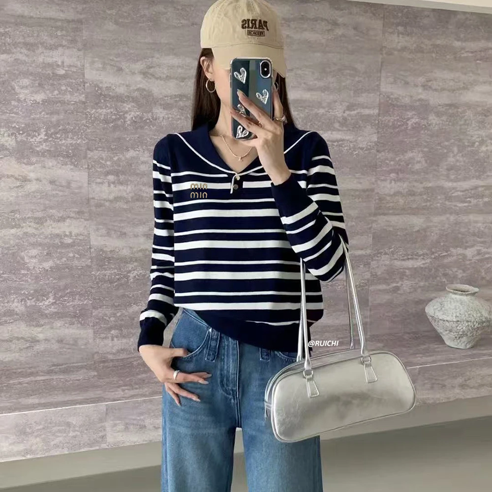 韩系2025秋季新款海军领条纹高级洋气显瘦休闲宽松针织衫上衣女