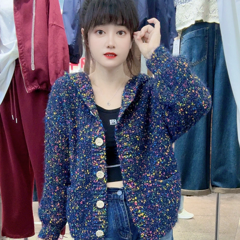 秋冬新品连帽韩版宽松糖豆设计加厚针织开衫外套上衣女减龄通勤潮