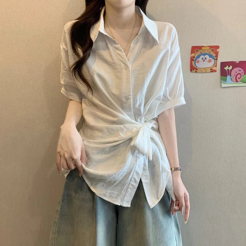 夏季爆款不规则收腰系带显瘦短袖衬衫大码女装胖mm遮肚子衬衣上衣