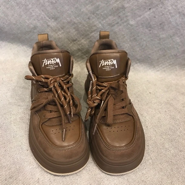 系带高帮鞋圆头复古中跟单鞋春秋时尚秋季防滑运动保暖