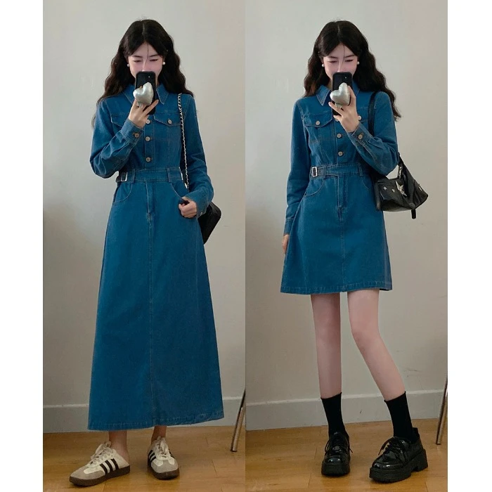 大码女装胖MM秋冬港风复古牛仔长袖新款休闲收腰显瘦遮肉连衣裙女