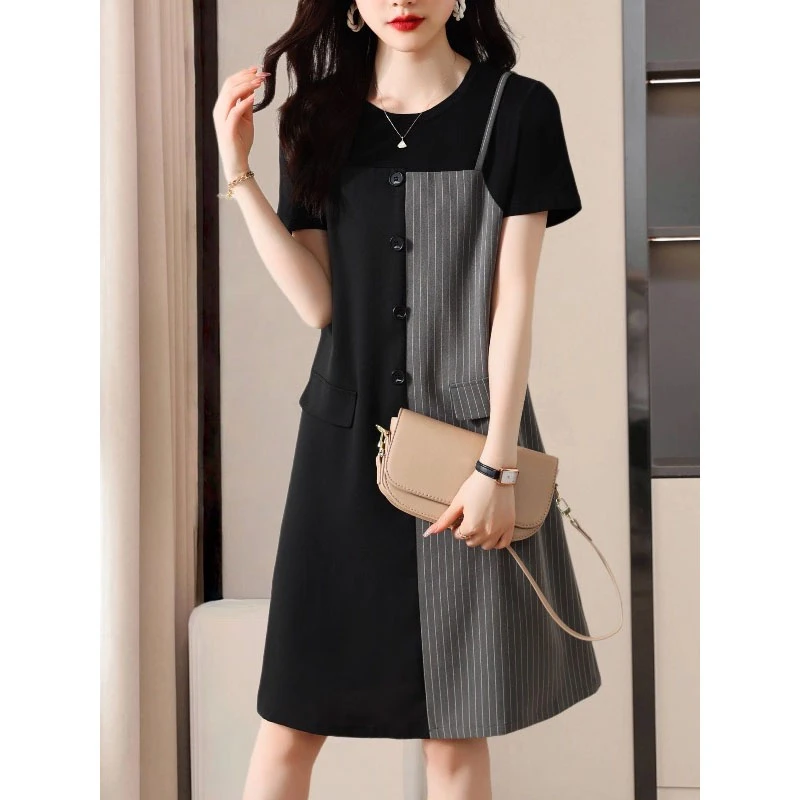 大码条纹拼接假两件t恤吊带连衣裙女夏季设计感宽松显瘦休闲裙子