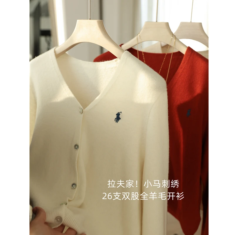 拉夫家！26支双股100全羊毛衫小马刺绣V领无缝针织开衫女秋冬新
