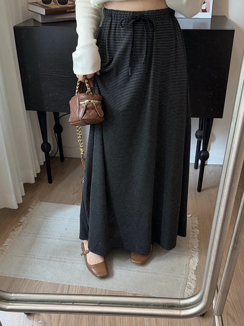 运费补贴小个子秋季韩版设计感气质百搭高腰显瘦条纹A字半身裙女