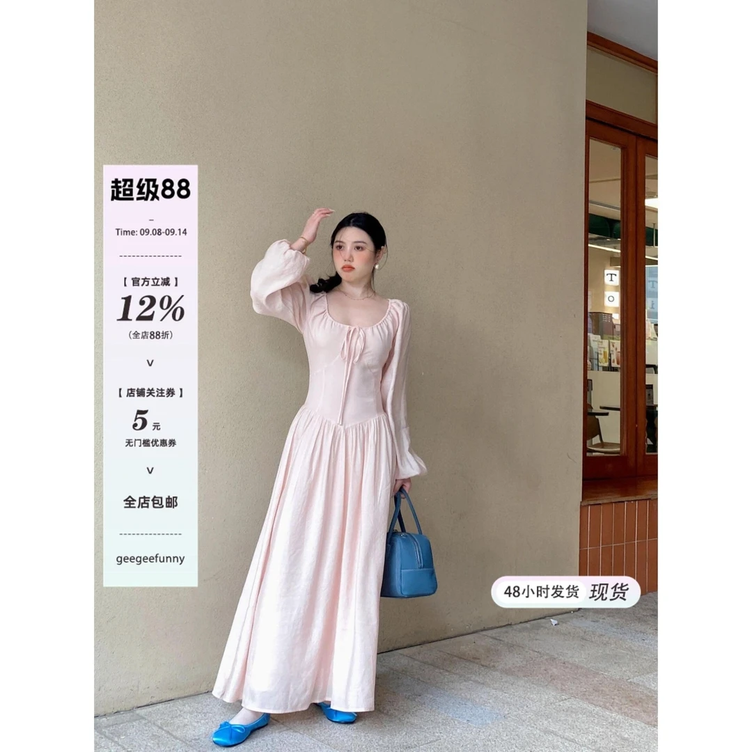 法式气质甜美减龄粉色连衣裙2025年秋冬季新款显瘦绝美茶歇长裙子