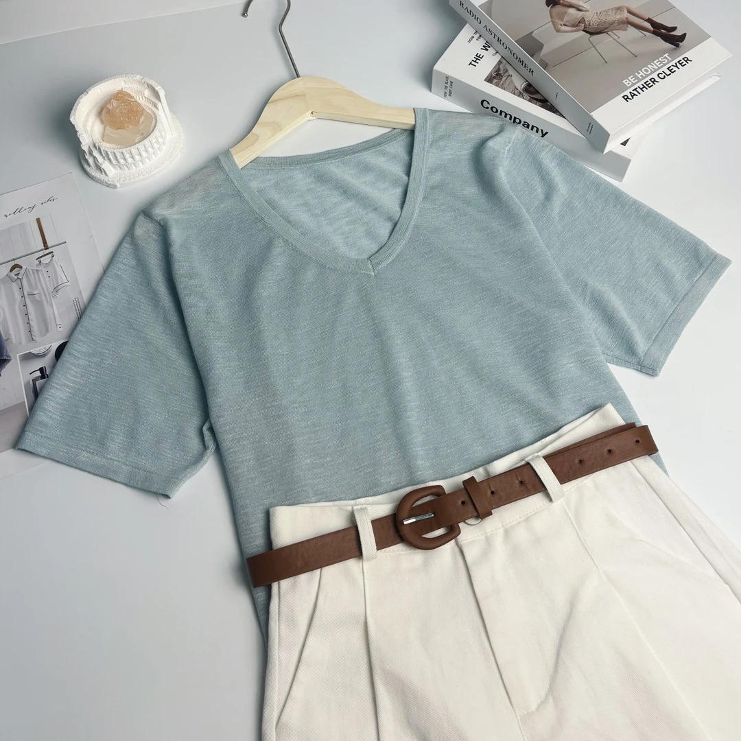 玲姐定制-V领纯色夏季薄款微透宽松休闲针织短袖160721