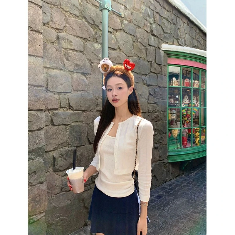 法式甜辣白色针织吊带开衫两件套2024春季新款修身短款长袖上衣女